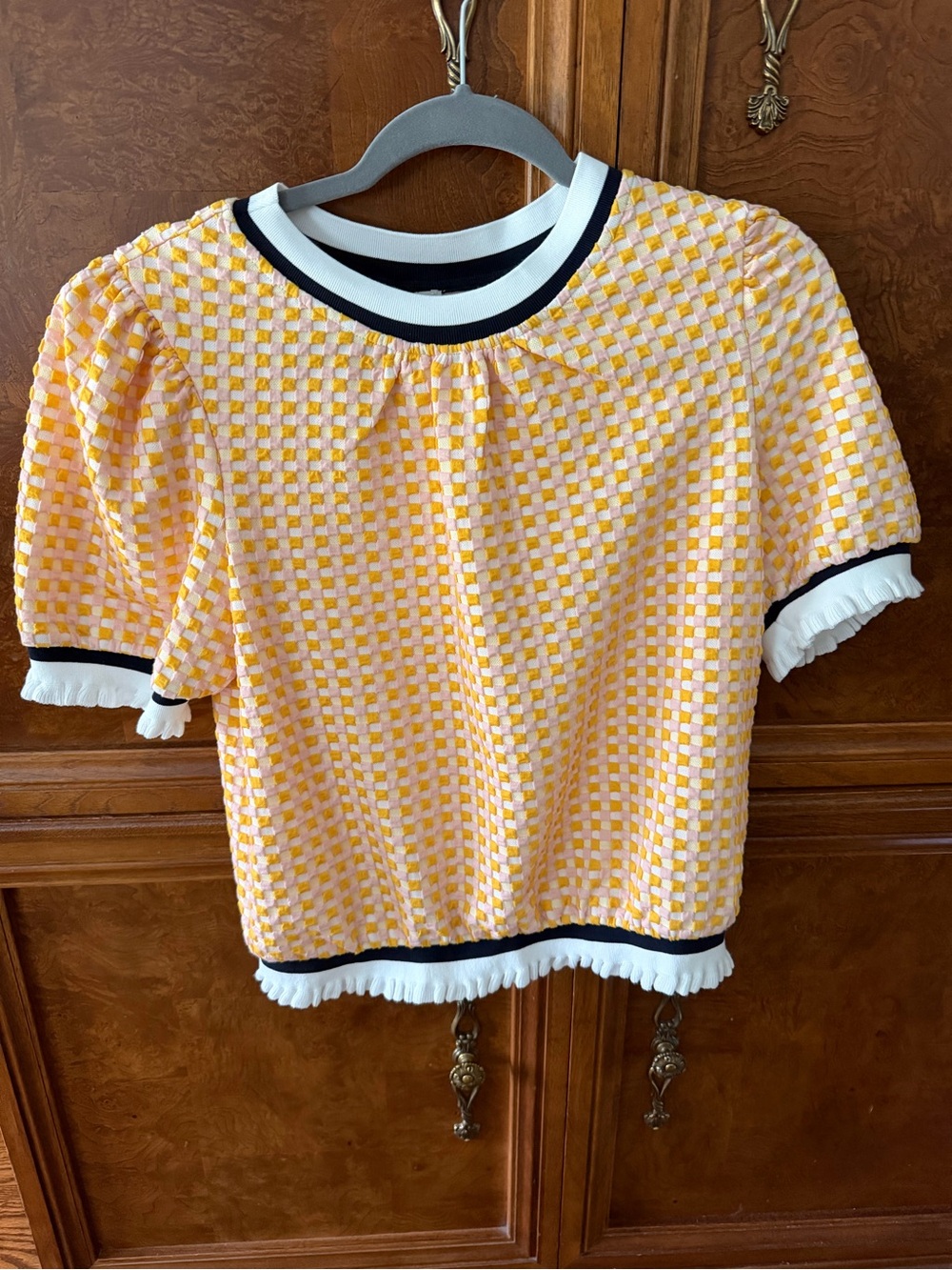 Yellow Check Puff Sleeve Blouse with Contrast Trim